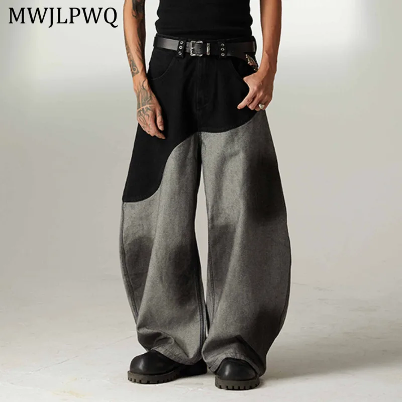 

MWJLPWQ Американские потертые лоскутные джинсы в стиле RO, мужские брюки High Street контрастного цвета, широкие брюки Machete, 20949