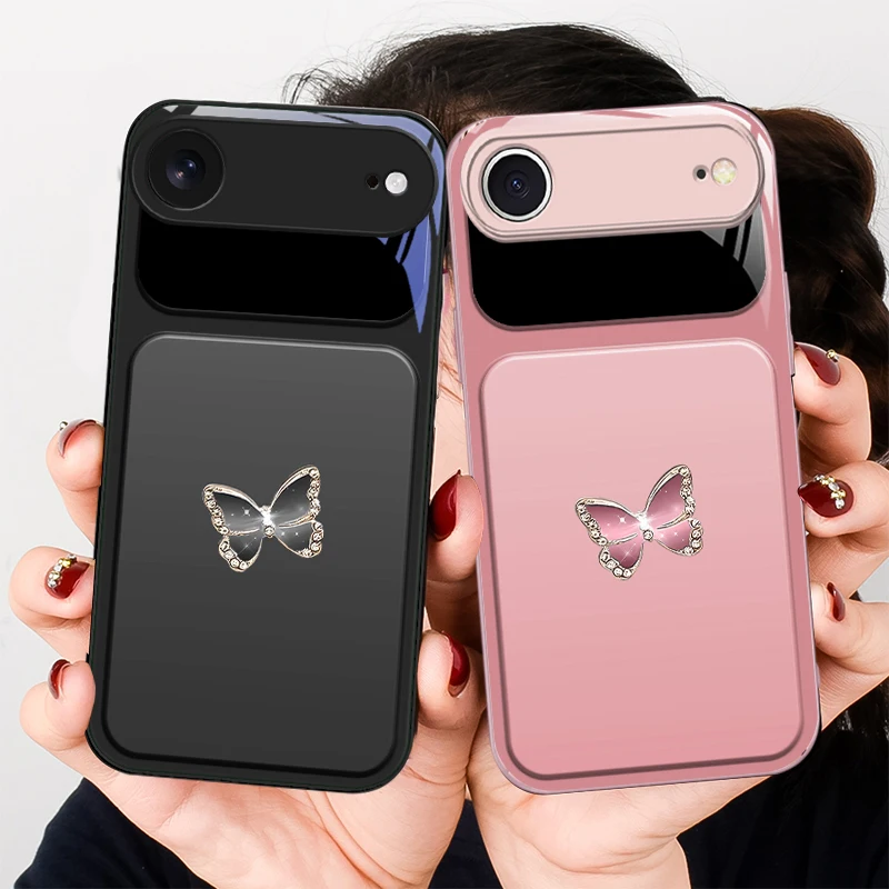 

Pink Diamond Butterfly For iPhone 17 Air 16 E 15 14 13 Plus 12 mini 17 Pro Max 11Pro XR Xs X 7 8 11 Tempered Glass Phone Case