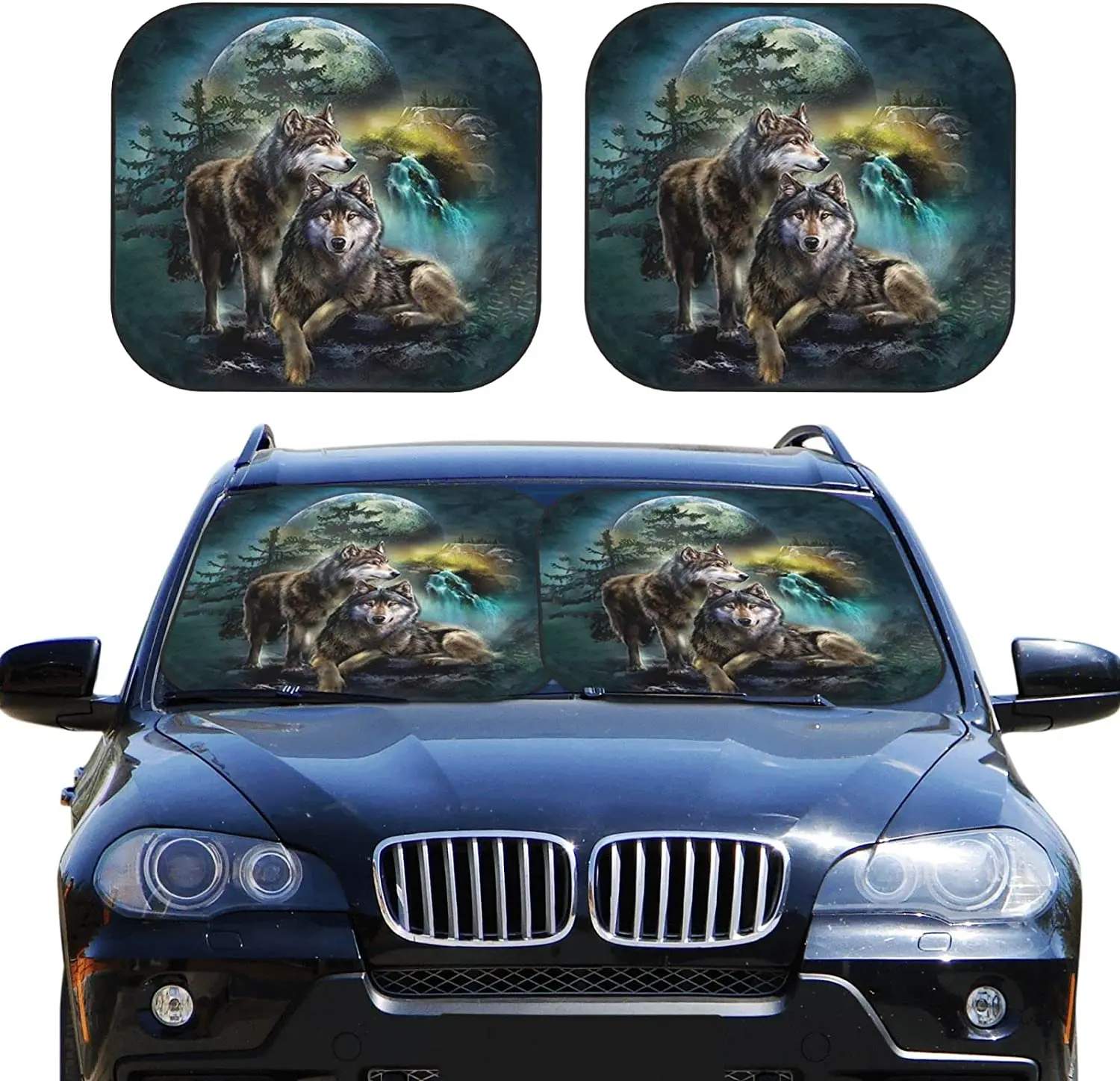 

3D Printed Wolf Car Windshield Sun Shade Auto Foldable 2-Piece Sunshade for Car Truck SUV-Blocks Rays Sun Visor Protector-Keeps