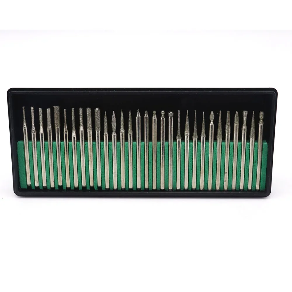 30 Pcs/set Diamond Point Burr Bits Drill Head Dremel Accessories Needle Tip Grinding Alloy Cylindrical Ball 3.0mm Shanks