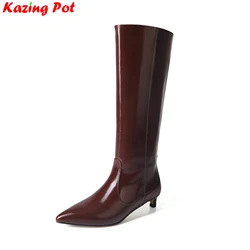 Krazing Pot Cow Leather Slip On Pointed Toe Med Heels Modern Boots Winter Fall Office Lady Concise Elegant Women Knee High Boots