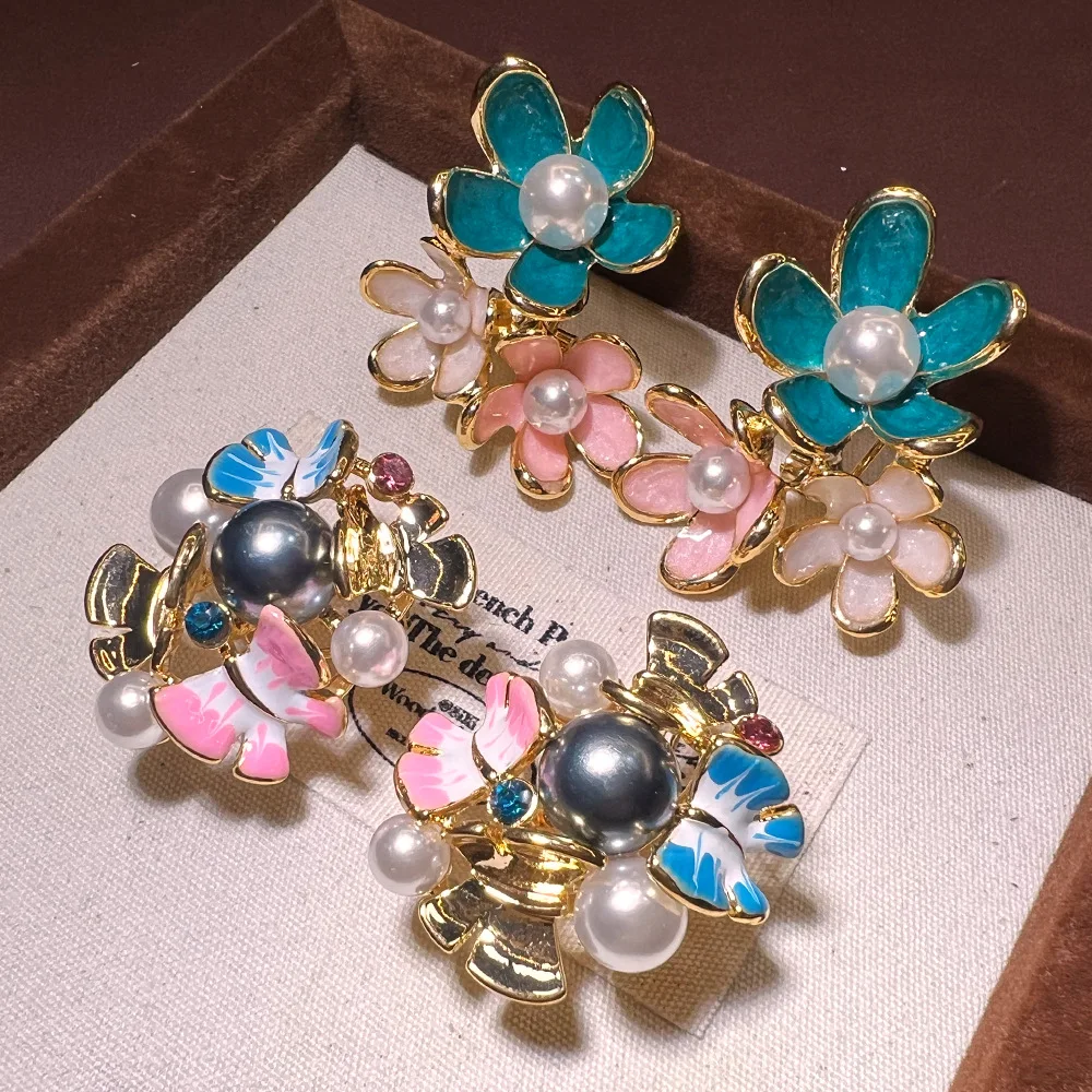 French enamel imitation pearl plated real gold earrings vintage beads highlight pearl retro earrings batch