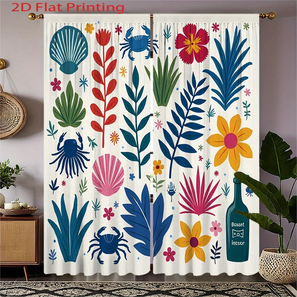 Coastal Curtains 2pcs – Blue Crabs, Shells & Tropical Plants on White, Boho Beach Decor for Living Room and Bedroom