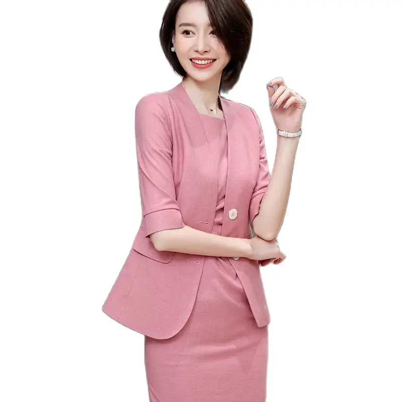 Novelty Pink Spring Summer Half Sleeve Business Suits With Dress and Jackets Coat For Ladies Office Work Wear Blazers Sets