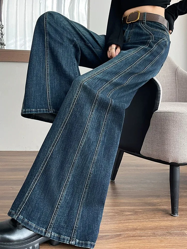 

plus Size Women's Elastic Wide Leg Jeans Spring Summer New Loose Meat Covering Big Foot Flared Long Pants American Retro Style