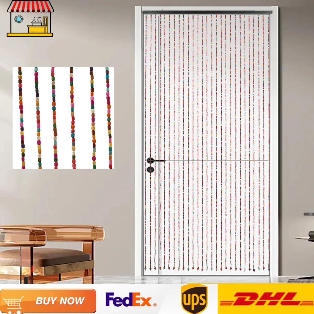 

Wood Beads Door Curtain 90*175cm/35.43*68.9inch Colorful Door Way to Kitchen Curtain with Rod