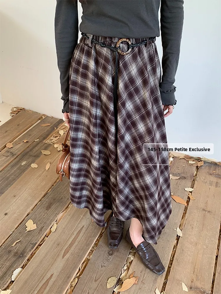 

Tartan Skirt Women's Autumn Winter High Waist A-Line Midi Skirt Asymmetrical Hemline Ele Design Polyester Fiber