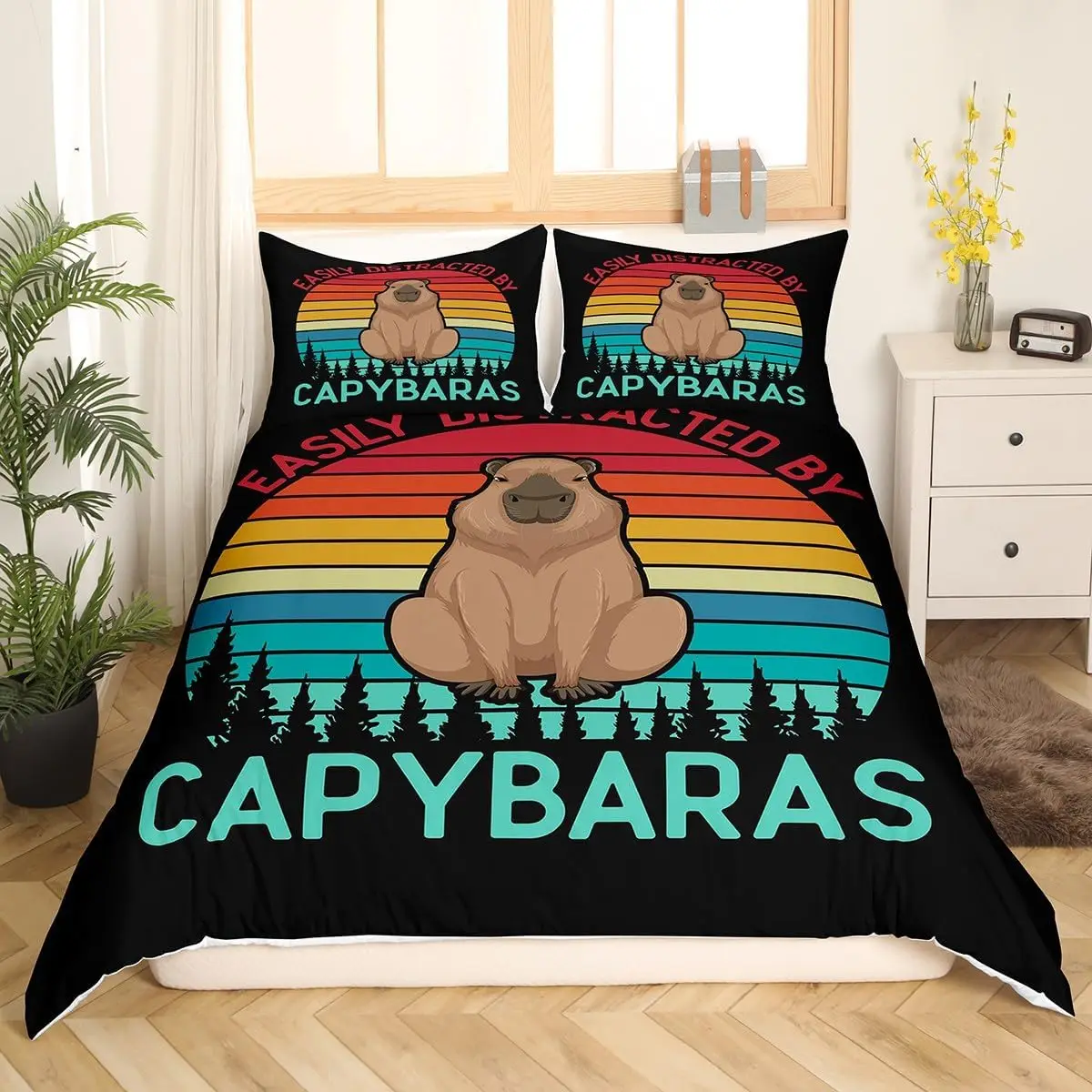 Funny Rainbow Capybara Duvet Cover Set Single Size Black Bedding Set With 1 Pillowcase For Kids Boys Teens Lovers