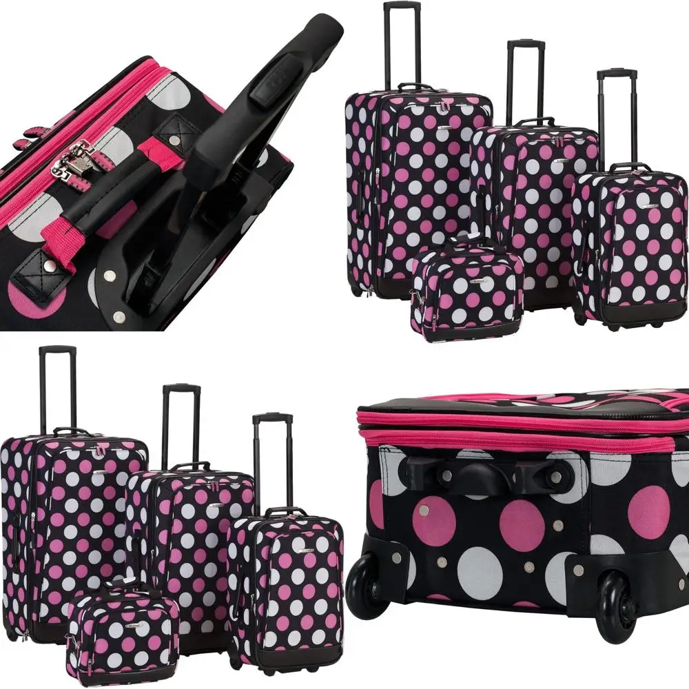 

4-Piece Softside Luggage Set with Telescopic Handles, Multicolored Pink Dots, Sizes 14, 19, 24, 28