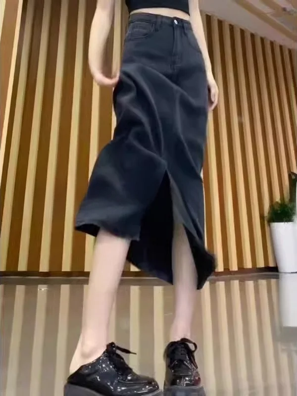 

Женская летняя тонкая юбка миди А-силуэта с высокой талией, больших размеров, из ледяного шелка и денима, с разрезом, в корейском стиле, для повседневной носки