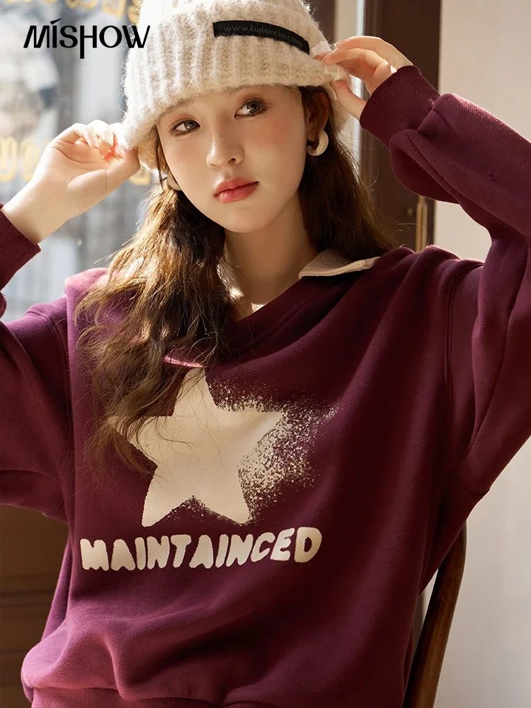 MISHOW Star Graphic Oversized Sweatshirt 2024 Autumn Winter Patchwork Loose POLO Collar Pullover Fake Two-piece Top MXC53V0042