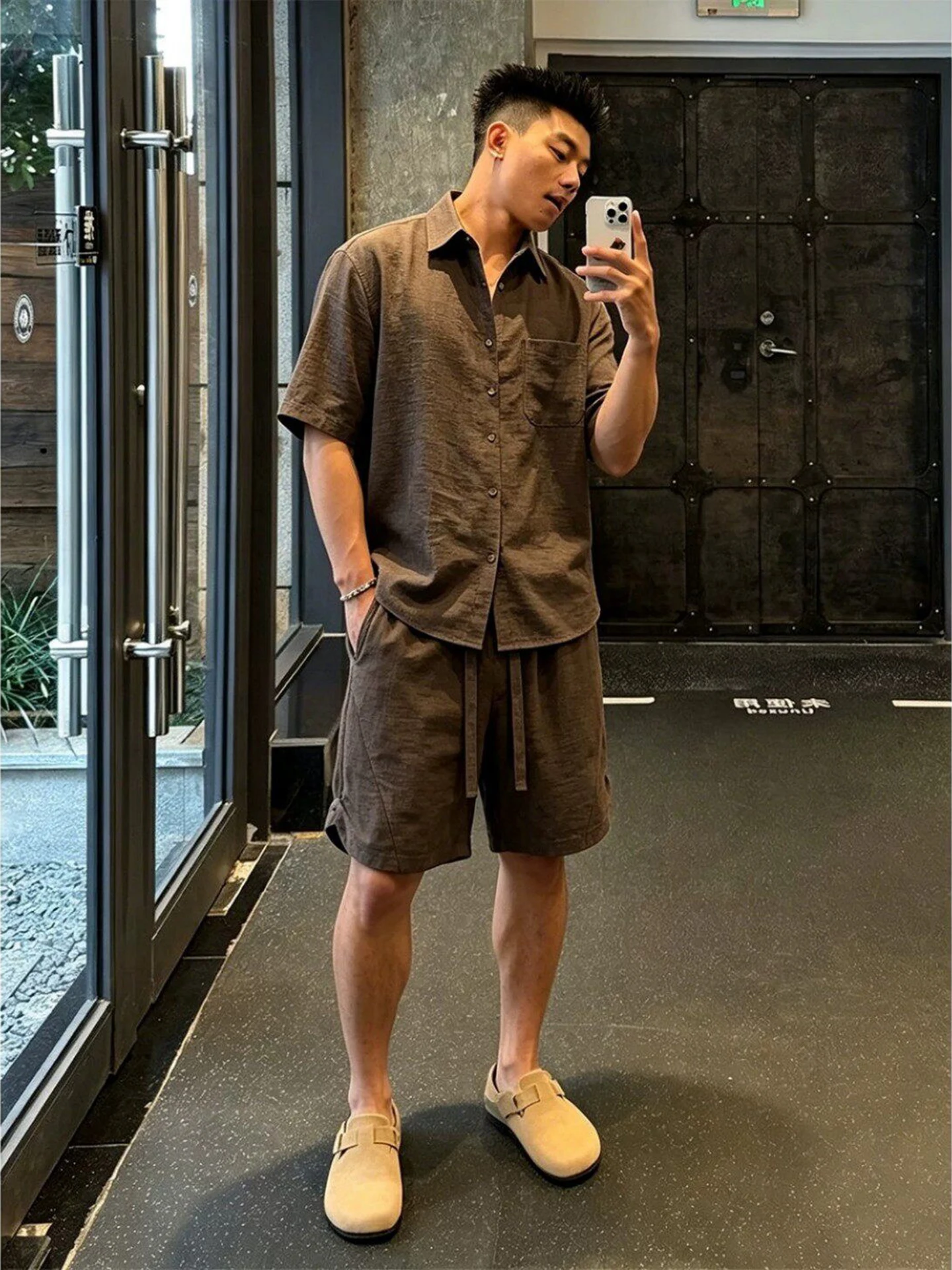 Café Brown Linen Sportswear Set Men's Summer Lazy Loose Feeling Casual Short Sleeve Shirt Shorts  Set Teenagers