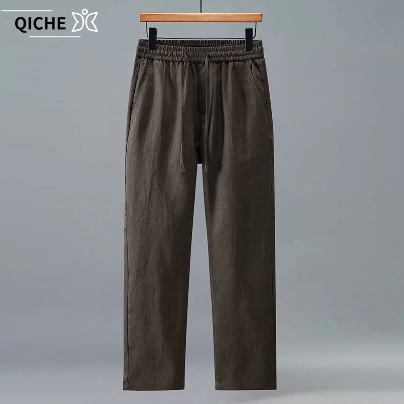 QICHE Elastic Waist Drawstring Linen Trousers Men Straight Loose Thin Breathable Business Casual Pants