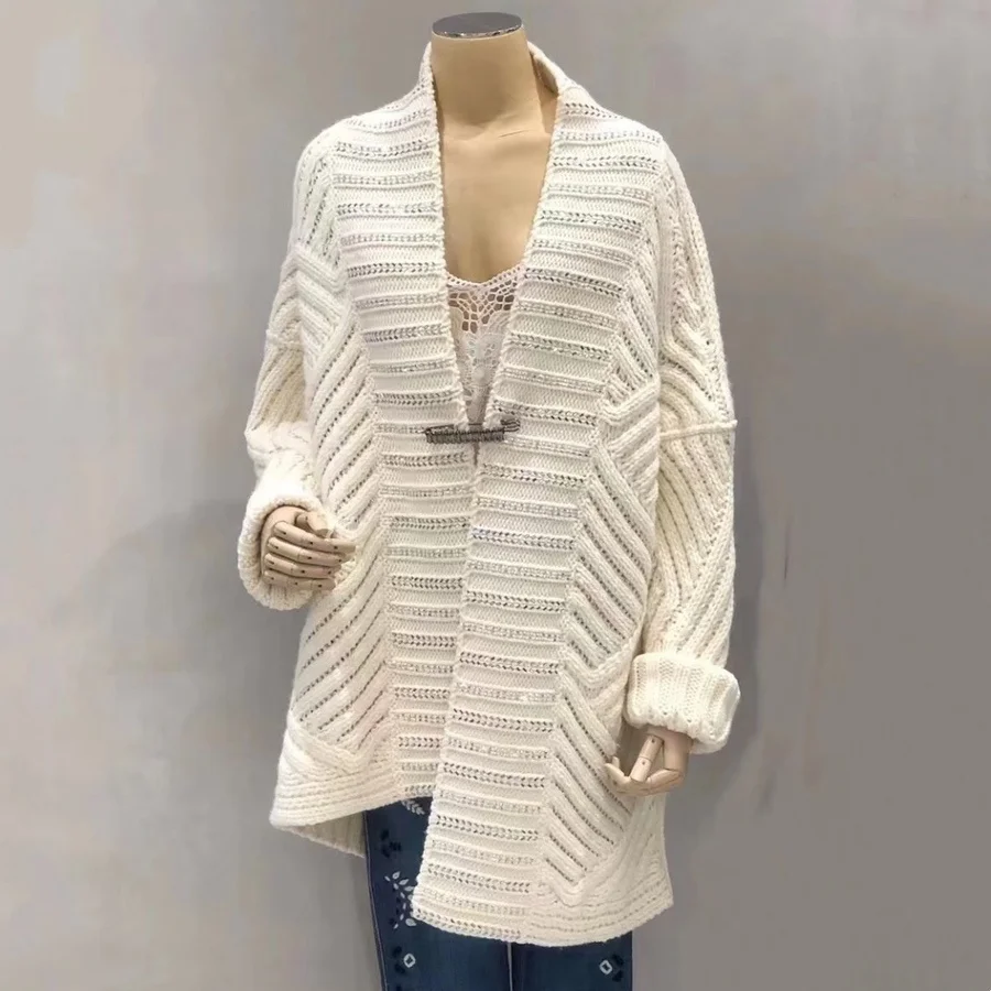 

Luxury Bling bling Diamonds Brooch Wool Knitted Coat 2025 Autumn Winter Thick Warm Loose White Cardigan