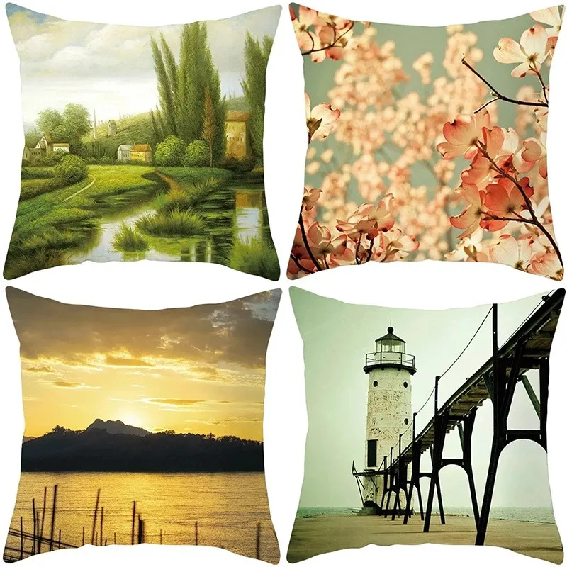 Landscape River Flowers Sunset Lighthouse Pattern Suitable For Sofa, Bedroom, Car, Pillow Cover