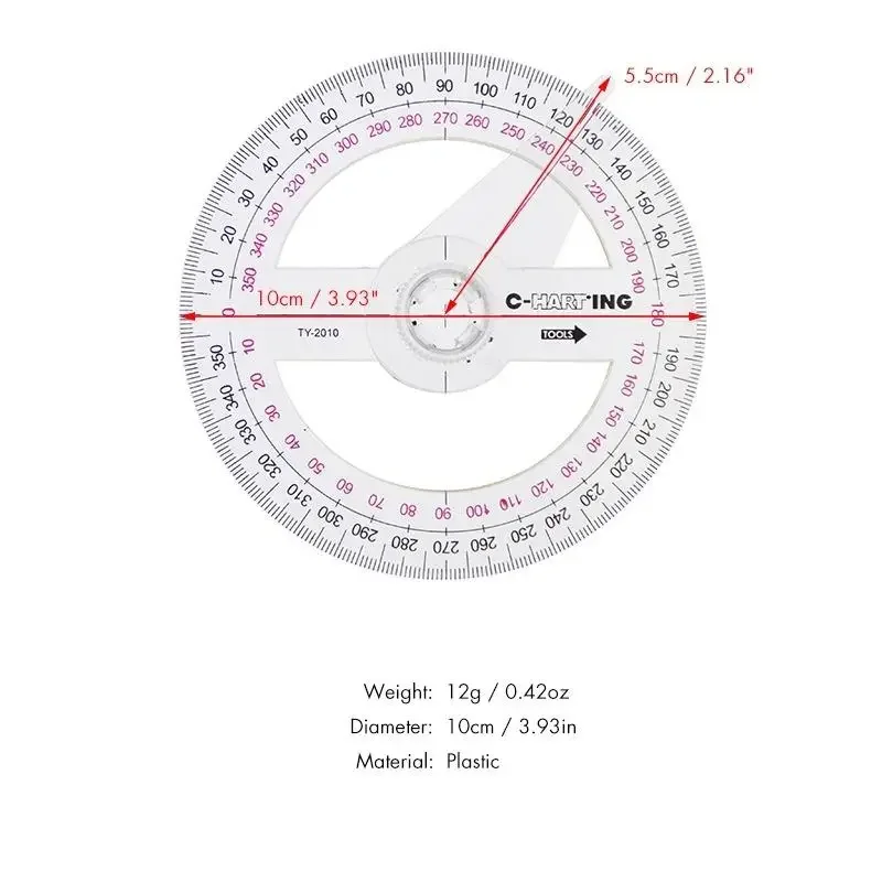 2 Pcs All Circular 10cm Plastic 360 Degree Pointer Protractor Ruler Angle Finder Swing Arm for School Office Supplies