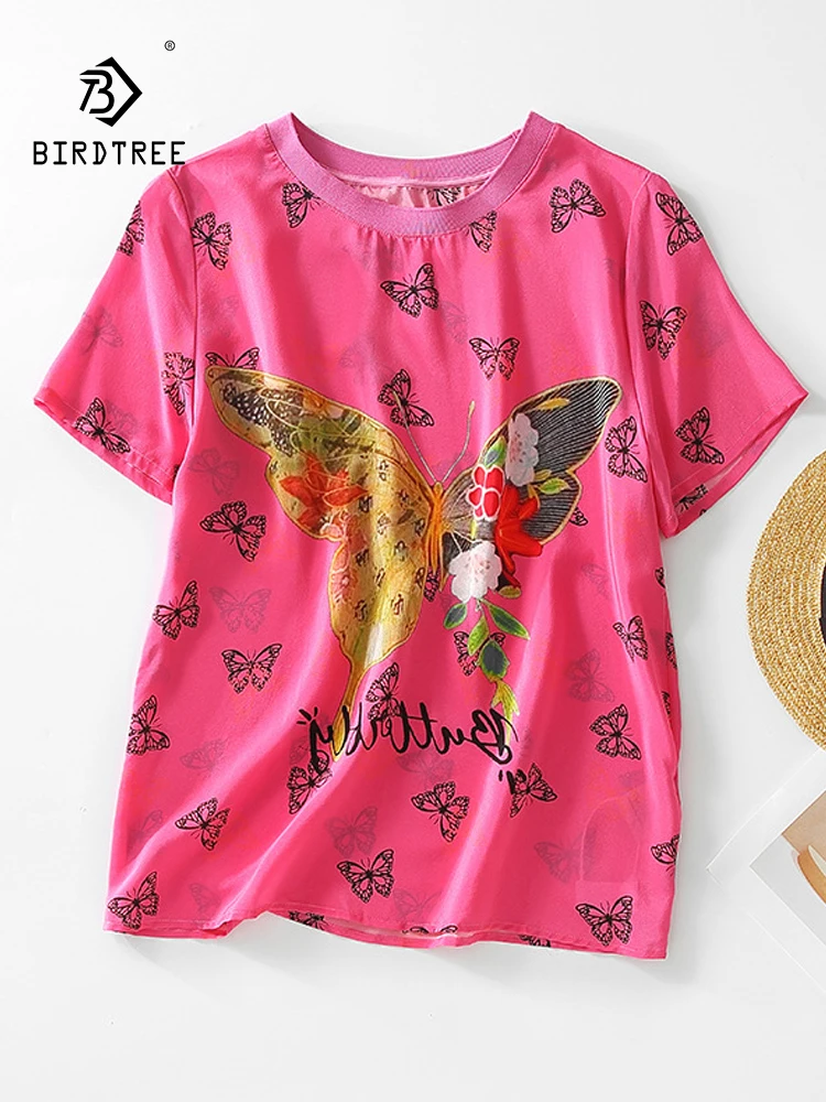 

BirdTree, 100%Real Silk Elegant T-Shirt, Women Short Sleeve Butterfly, Fashion Commute OL Chic Tops, 2024 Summer Autumn T46467QC