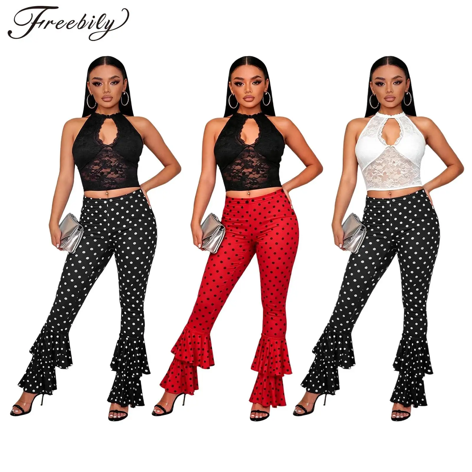 Women 2piece Club Party Vacation Outfits Sleeveless Lace Tops with Pads Polka Dot Layered Ruffled Pants Set