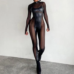 Women Cyber Sexy Tight Jumpsuit Alien Robot Punk Mesh Hollow Patchwork Bodysuit Cosplay Party Performance Costumes