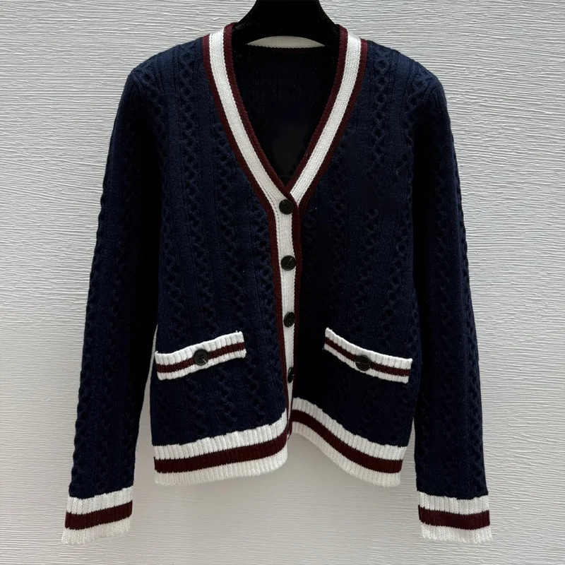

High quality American college style women's color-matched V-neck cardigan sweater popular top clothing 251111184