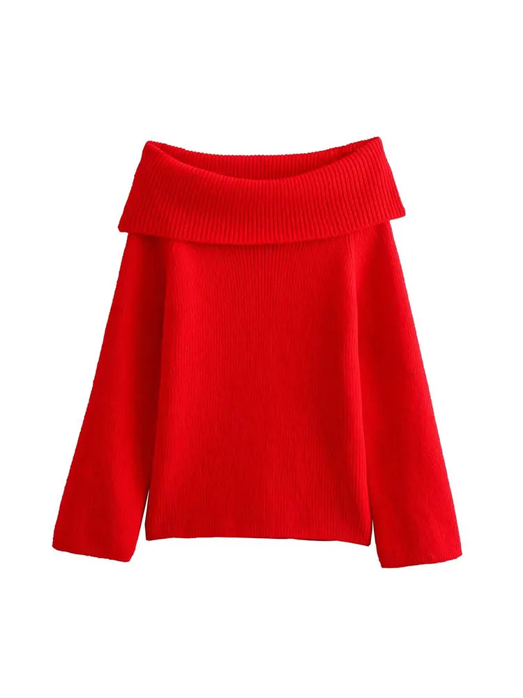 Tinsonan Slash Neck Strapless Off The Shoulder Sweater Casual Long Sleeves Knitted Slim Fitting Pullover Women Winter Top