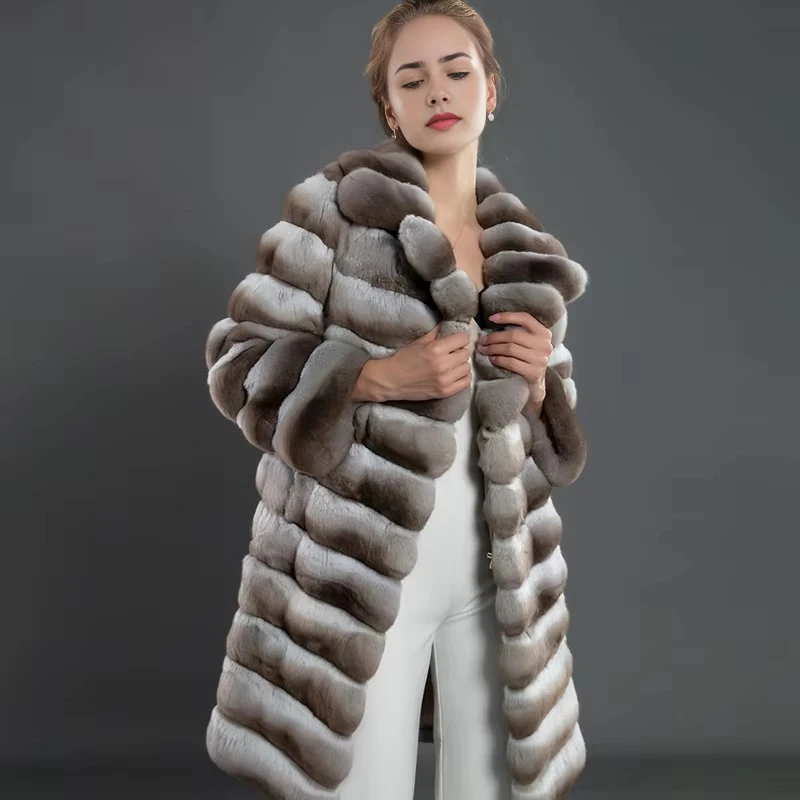 

Delighting Fur Coat Women Natural Rex Rabbit Fur Jacket Winter Outwear Fashion Suit Collar Overcoat 85 cm Long