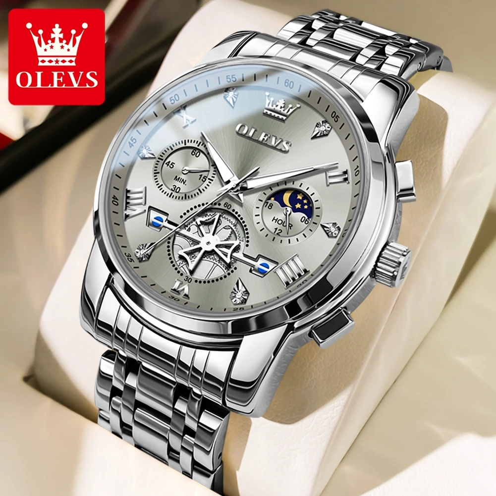 Olevs Top Marke Herren uhren klassische Drei-Augen-Stil Edelstahl Quarzuhr wasserdichte leuchtende Mondphase Armbanduhr