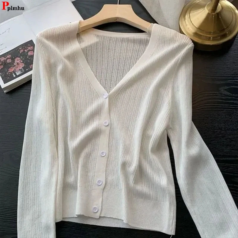 

Women Thin Knit Sunscreen Cardigan Coat Summer Casual Ice Slik Short Knitwaer Outwear Korean Fashion Slim Strickjacke New