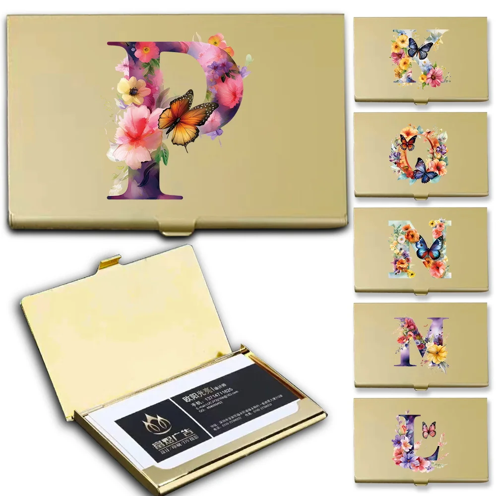 Metal Visiting Card Case Portable Office Business Card Storage Box Creative Business Card Organizer Butterfly Letter Pattern