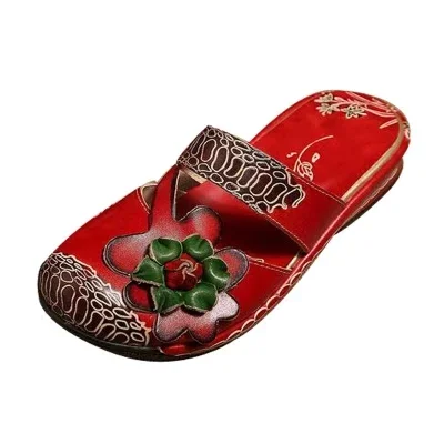 BEYARNE   Flower Sandals Genuine Leather Shoes Woman Handmade Slides Flip Flops Platform Clogs For Women Sandals Plus Size