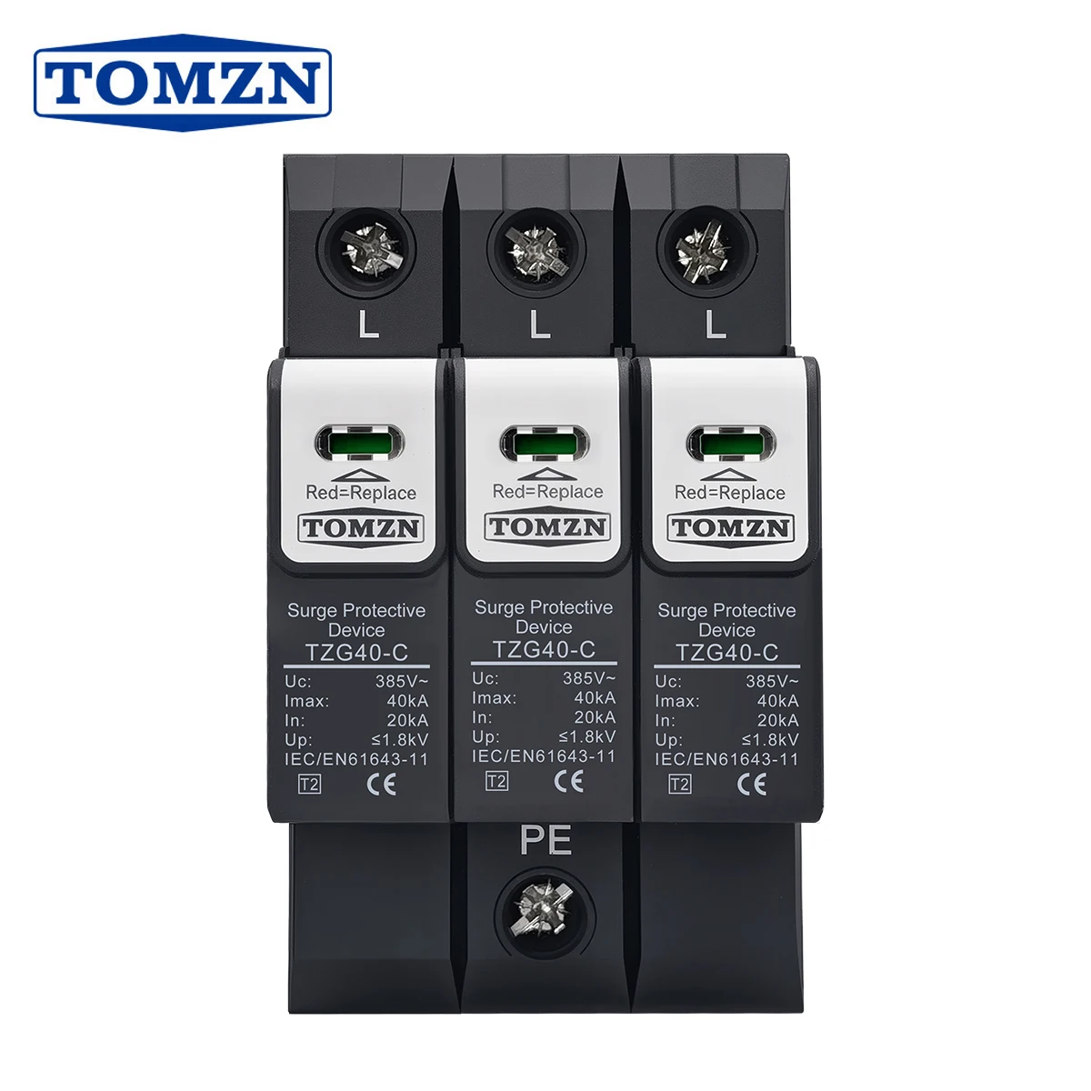 TOMZN Three Phase Shield-Type AC Surge Protective Device SPD 3P 275V 385V 420V T2 Pluggable Replaceable TZG40-B/C/D Din Rail