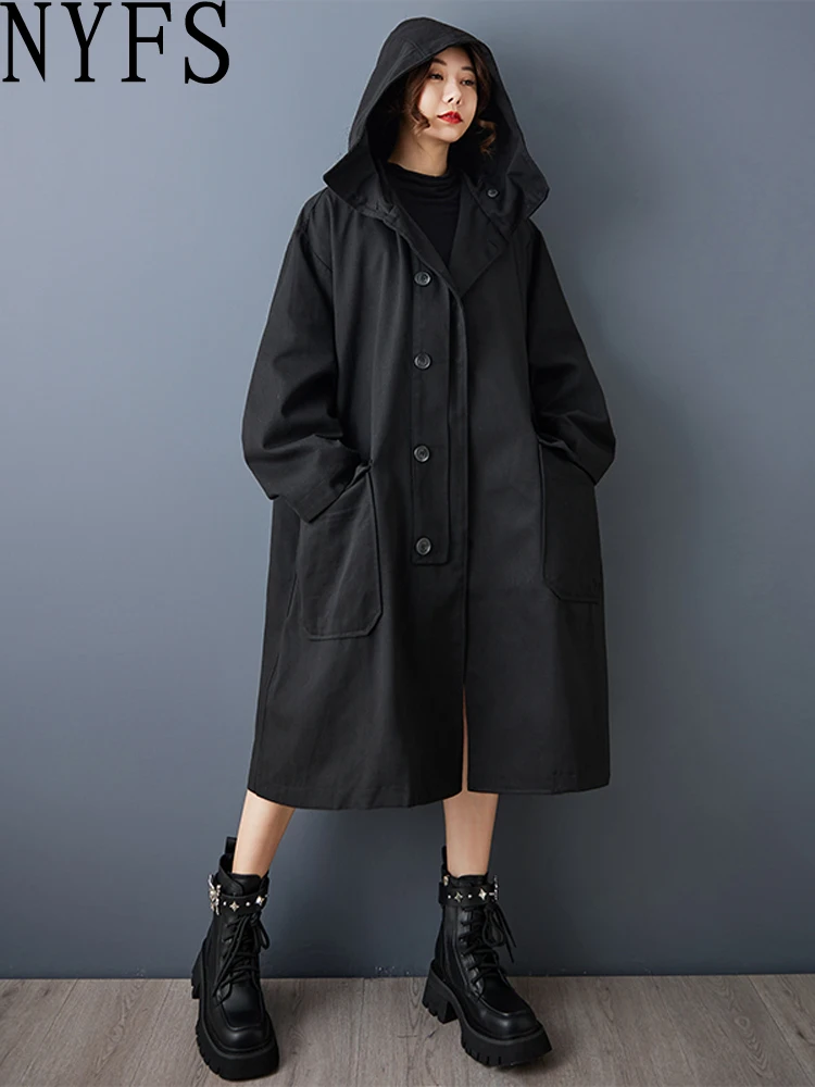 

NYFS 2025 New Autumn Japanese Loose Plus Size Woman Wind coat Hooded Long Sleeve Long Trench