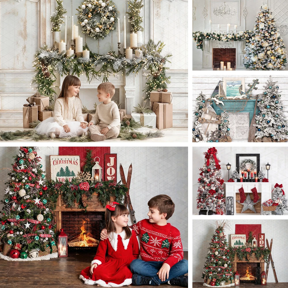Christmas Fireplace Backdrop Simple Atmospheric Xmas Decor Wreaths Candles Child Baby Photo Props Photography Background