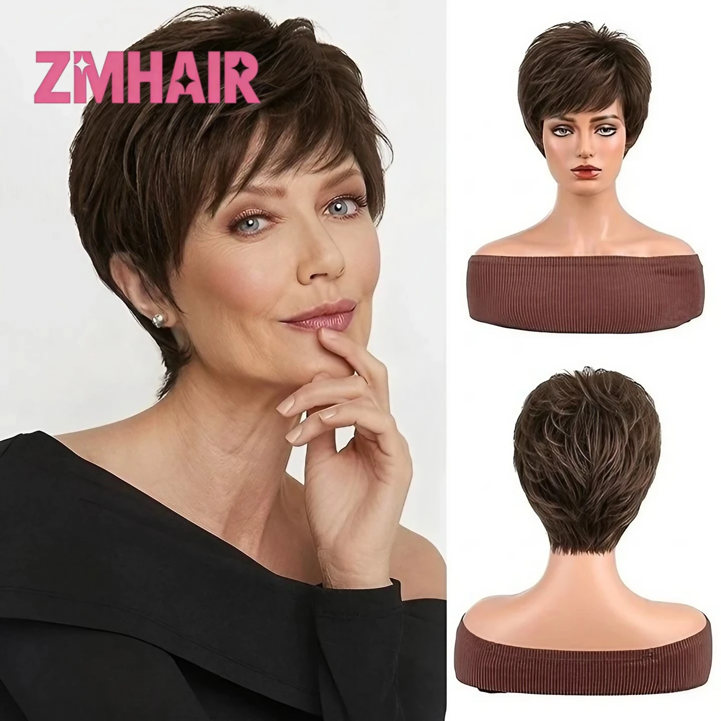 

Dark brown 6*6 Silk Base Wig Hand Tied 180% Density Human Hair Short Pixie with Micro Fringe Bangs for Women Daily for Women