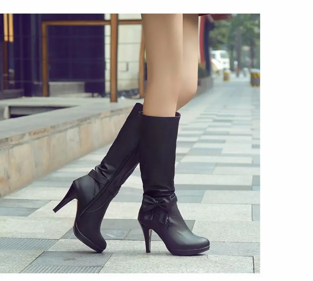 New Fashion Knee High bowknot Boots Women Shoes Autumn Winter Women\'s High Boots Black White Blue Long Shoes Ladies Large Size