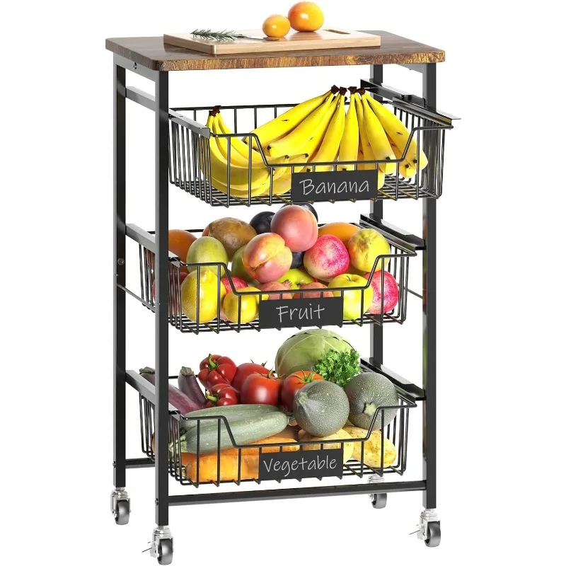 4-Tier Vegetable Fruit Basket Kitchen Storage Rolling Cart on Wheels with Pull-Out Baskets and Wood Top for Kitchen Diningroom