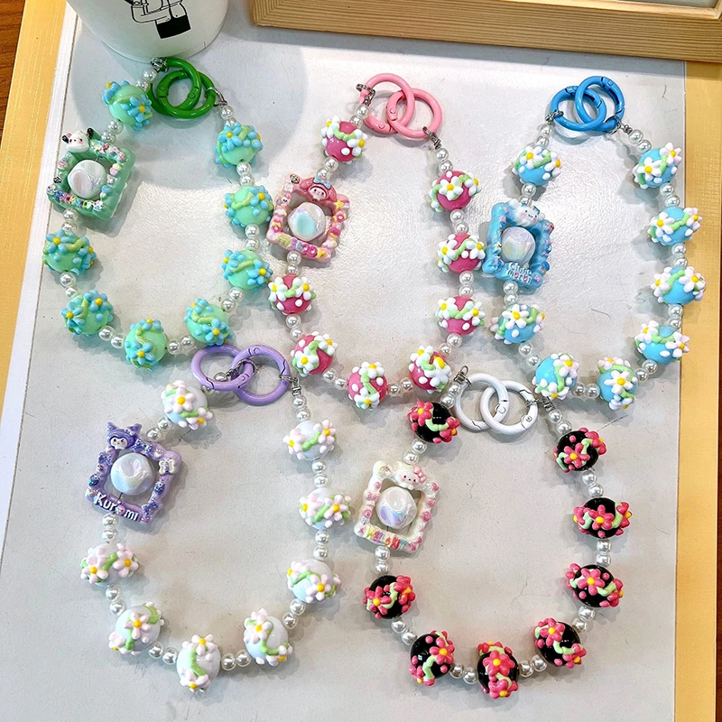 Photo Frame Sanrio Phone Chain W/Card Cinnamoroll Kuromi Hello Kitty Painted Beads Keychain Wrist Strap Bag Decor