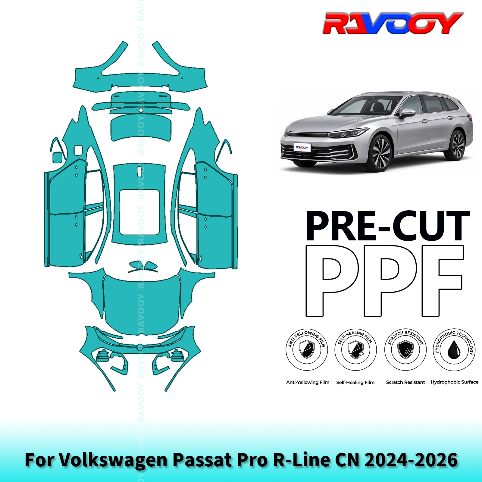For Volkswagen Passat Pro R-Line CN 2024-2026 Full Body 8.5Mil Pre-Cut Paint Protection Film PPF Clear Bra Kit Clear/Matte/Black