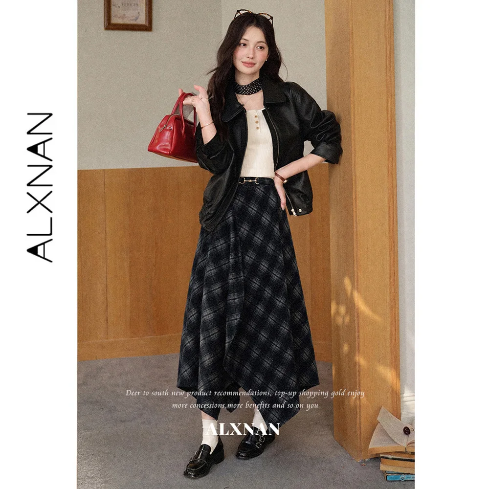 ALXNAN Blue Plaid Skirt 2026 High Waist Irregular A-line Hem Design Skirts Elegant Loose-fit Ladies Vintage Clothing DYL662991