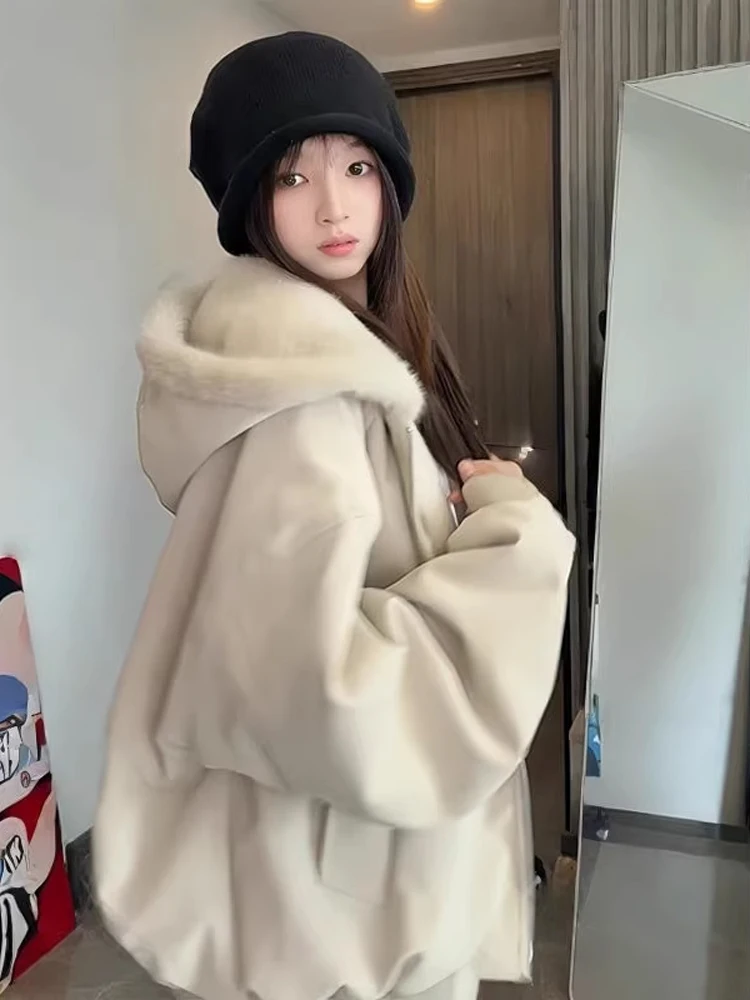 

Litchi Pattern American Style Jacket Cotton Coat Men Women Winter Thickened Fleece Collar Hooded Cleanfit Outerwear