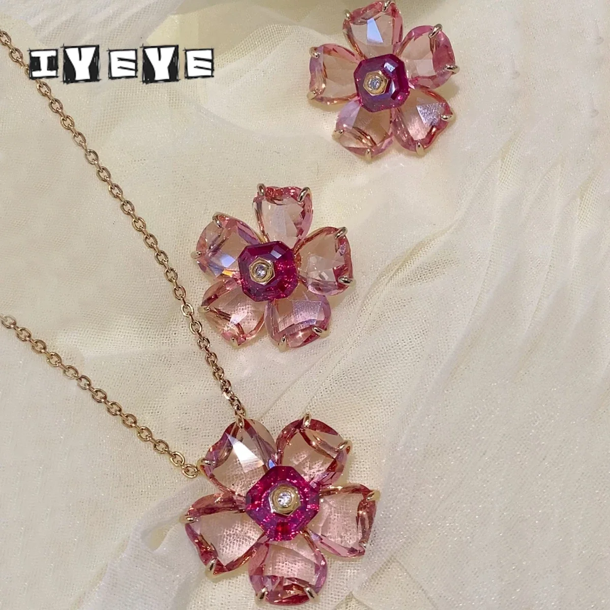 

Original 2024 Fine Jewelry Sets Charm Luxury Pink Yellow Flower Crystal Fashion Necklaces Earrings for Women Romantic Party Gift