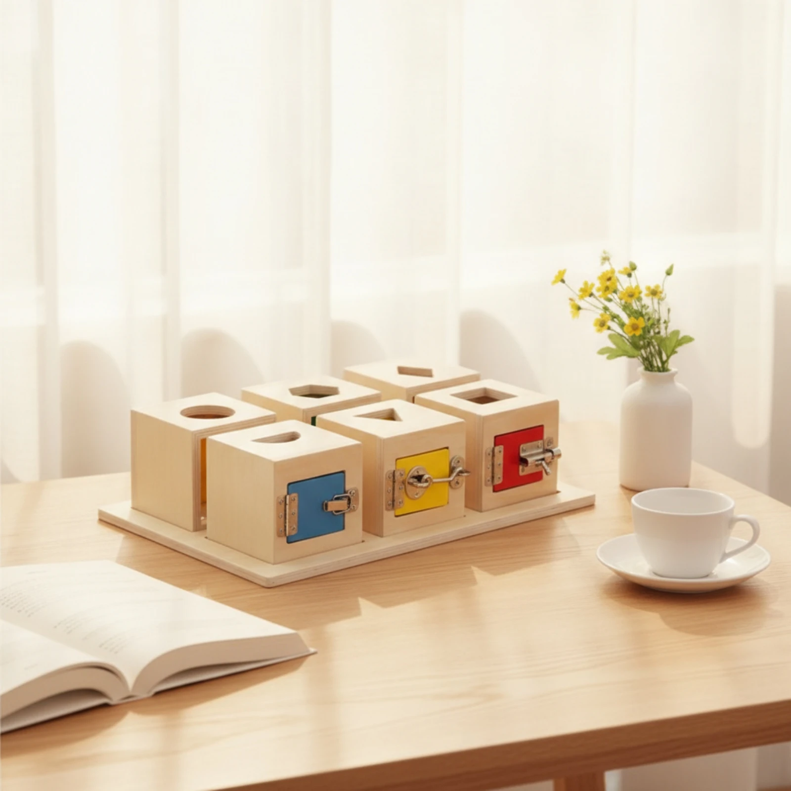 Wooden Lock Box Developmental Wooden Busy Box Shape Sorter with Locks Hand-Eye Coordination Lock and Key Toy Sensory