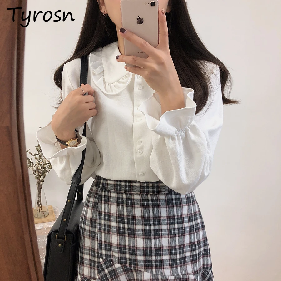 

Рубашки женские с воротником Питера Пэна однобортные съедобные деревянные грибы дизайн мешковатые студенческие милые девушки простые универсальные корейский шик