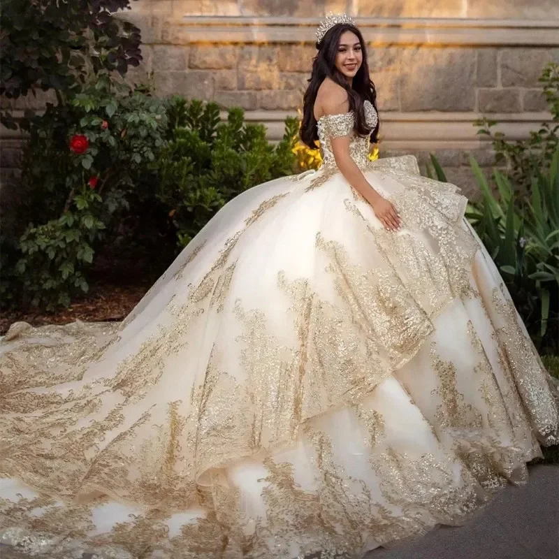 ANGELSBRIDEP платье принцессы Quinceanera цвета шампанского, золотого цвета, с открытыми плечами, блестками, аппликацией, жемчугом, Золушки, милое платье 16, Vestidos