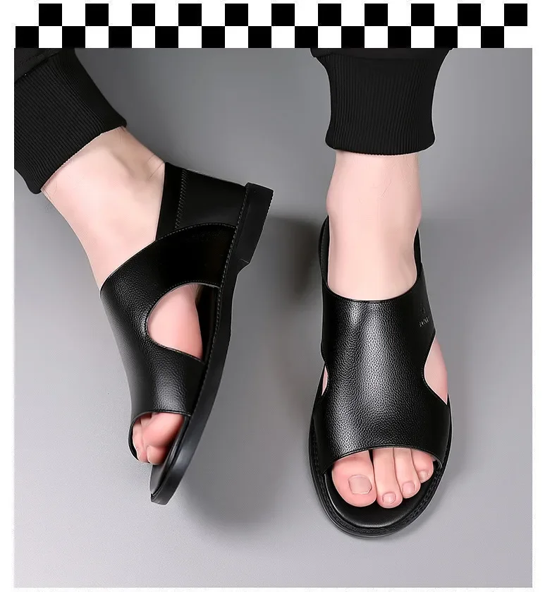 Men's 2026 Summer New genuine Leather Outdoor Breathable Sandals Large Anti slip Wear resistant Soft Bottom Casual Cool Slippers