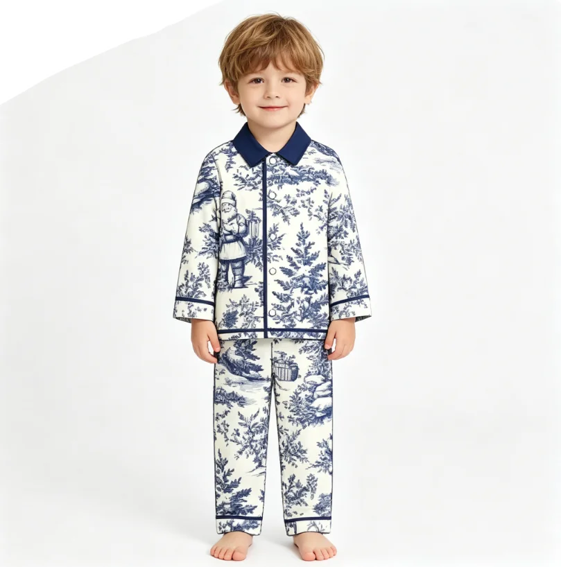 Christmas Tree Santa Claus Blue Print Children's Winter Long Sleeve Long Pants Boutique Pajama Set