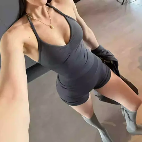 Imagen 2 del producto Conjunto de gimnasio de 2 uds., camisetas sin mangas, pantalones cortos sin costuras de cintura alta, traje de gimnasio, ropa deportiva, entrenamiento