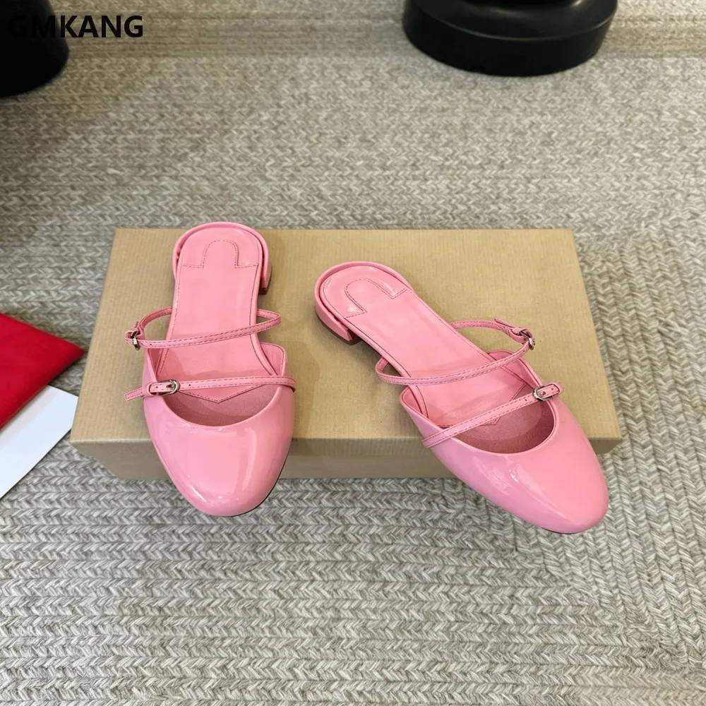 Women Round Toe Double Buckle Strap Mules Slip On Flat Patent Leather Mary Jane Shoes Summer Office Daily Comfort Dress