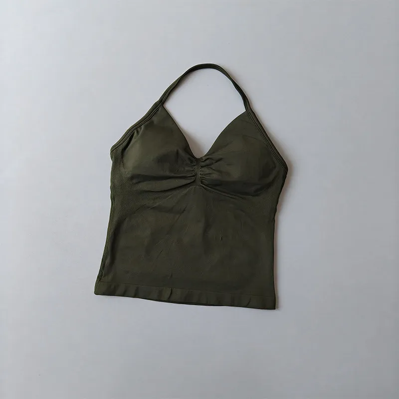 Langes, trägerloses, nahtloses Yoga-Tanktop mit gerafftem Rücken, ärmelloses Fitness-Workout-Shirt mit integriertem BH für Damen – Detail 20
