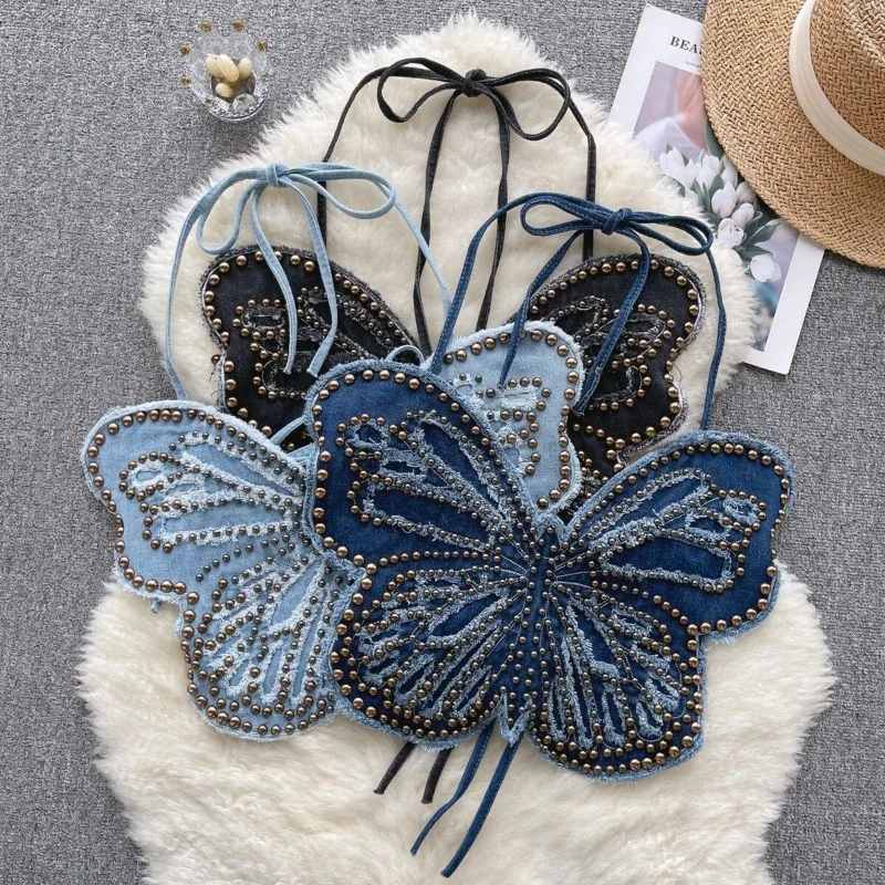 

Женский летний джинсовый топ-халтер с тонкими бретелями, открытой спиной, шнуровкой и бисером в виде бабочек, дизайнерский, повседневный, модный